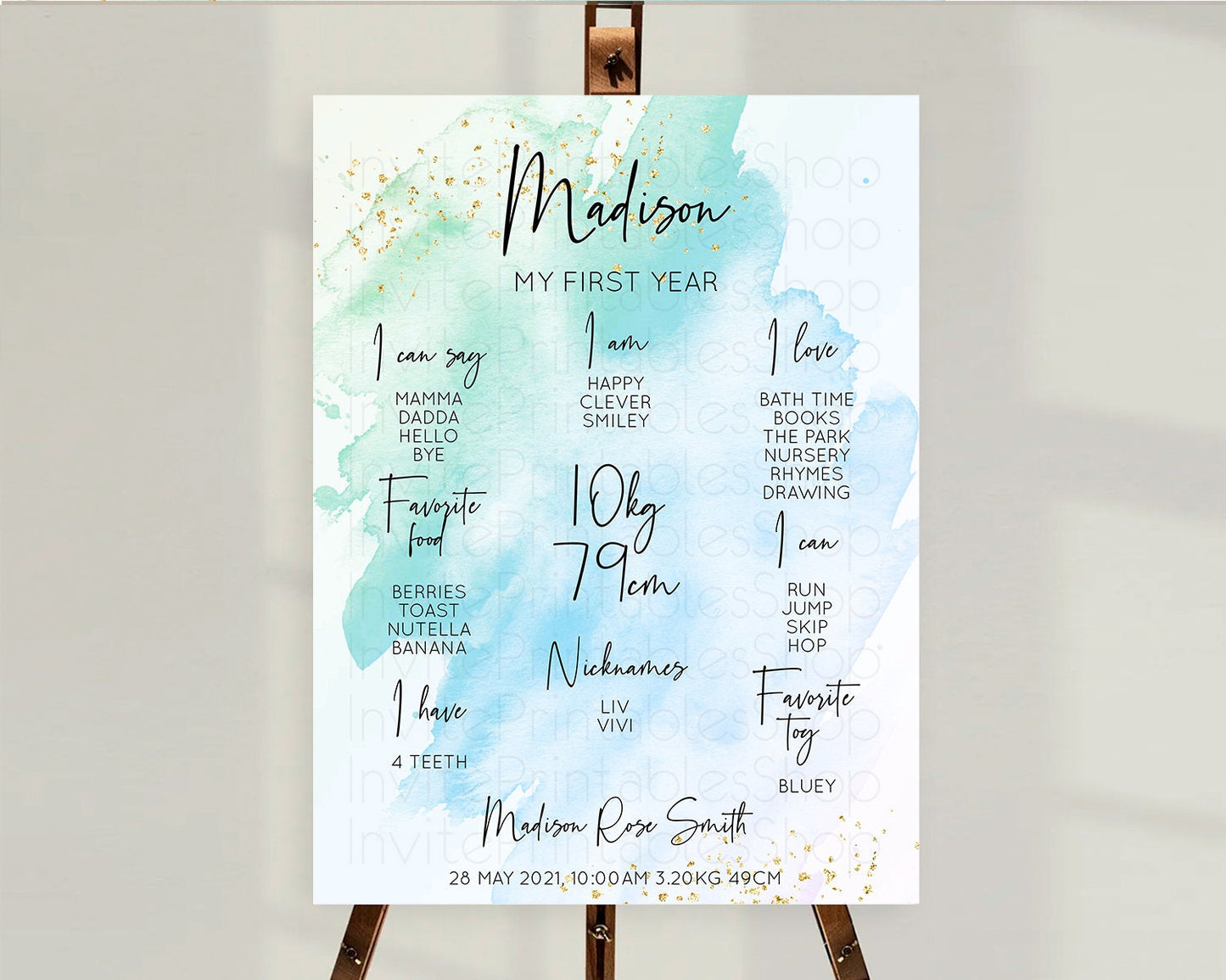 Blue First Birthday Milestone Poster Blue Watercolor Milestone Board Pastel Blue Watercolor Splash Milestone Board 1st Birthday Sign D10168