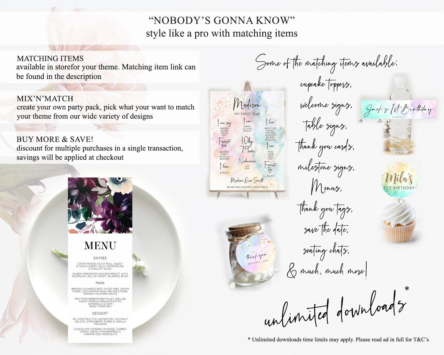 Secret Garden Menu Wildflower Menu Template Pastel Flower Garden Table Decor Boho Floral Dinner Dessert Floral Party Food Menu D11062