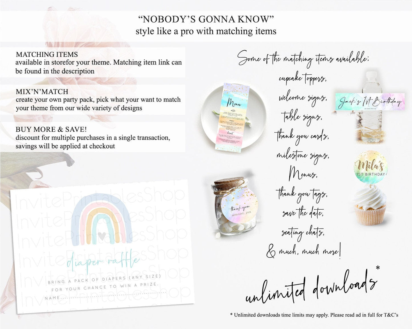 Pastel Rainbow Diaper Raffle Card Boho Rainbow Diaper Insert Boho Rainbow Diaper Ticket Pastel Watercolor Baby Shower Raffle Game D10214