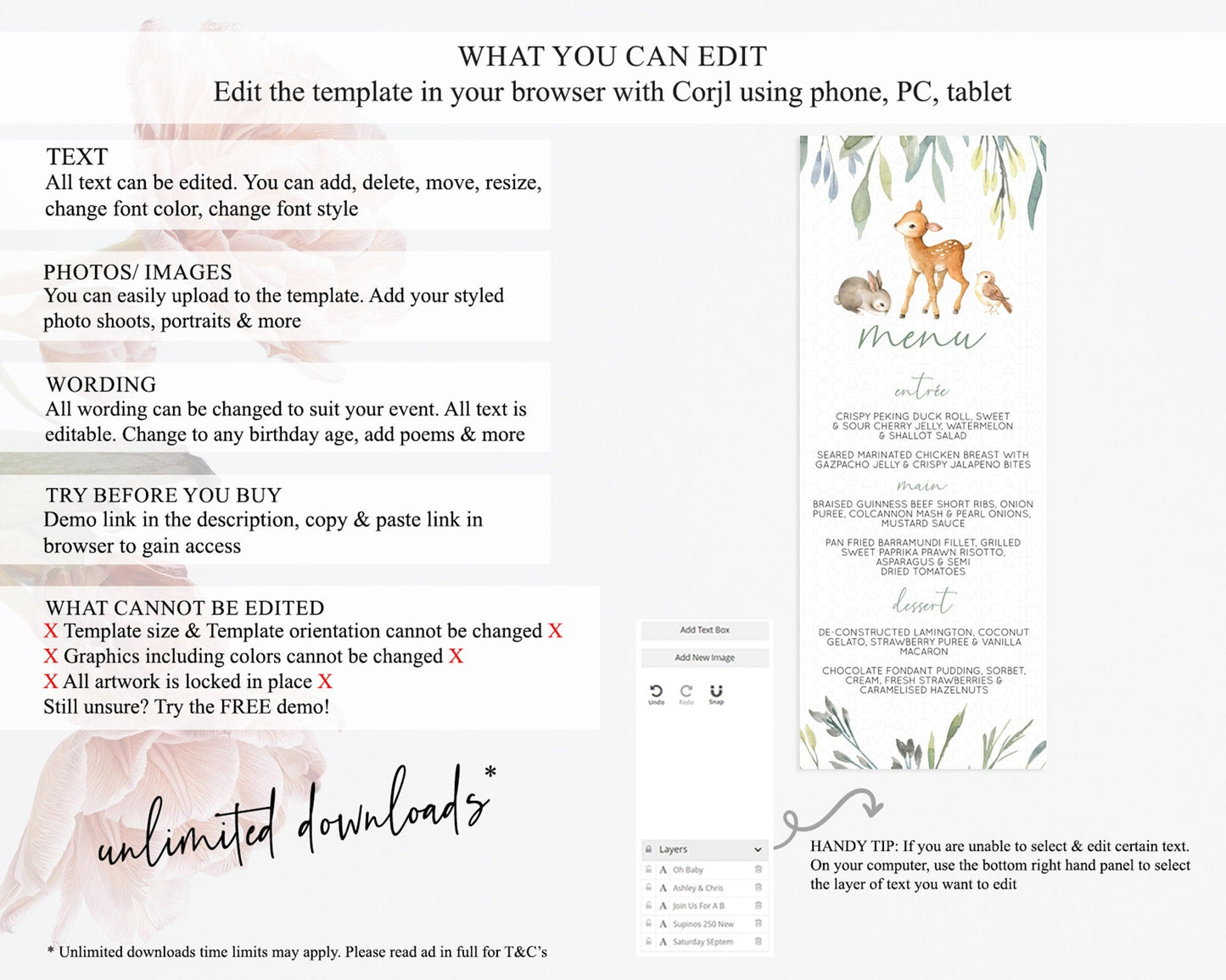 Fawn Menu Deer Menu Template Pastel Floral Deer Table Decor Enchanted Forest Butterfly Floral Dinner Dessert Menu Party Food Menu D10919