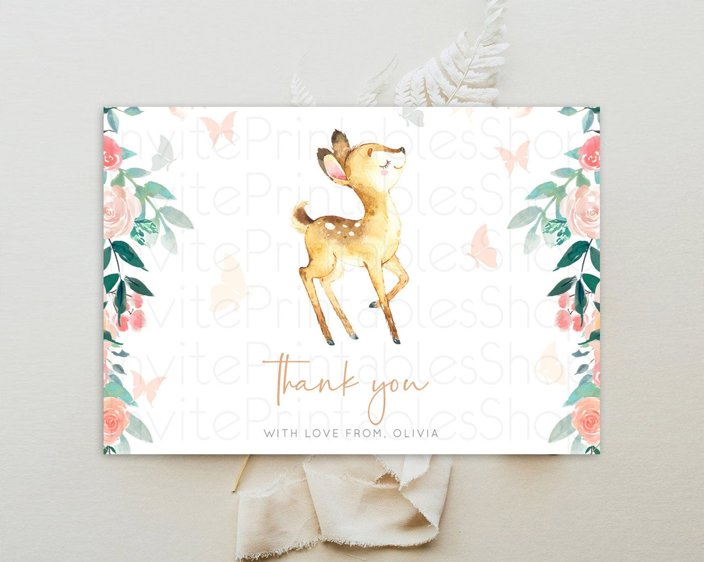 Fawn Thank You Deer Thank You Card Pastel Floral Deer Birthday Thank You Card Enchanted Forest Butterfly Deer Teacher Thank You Card D10753