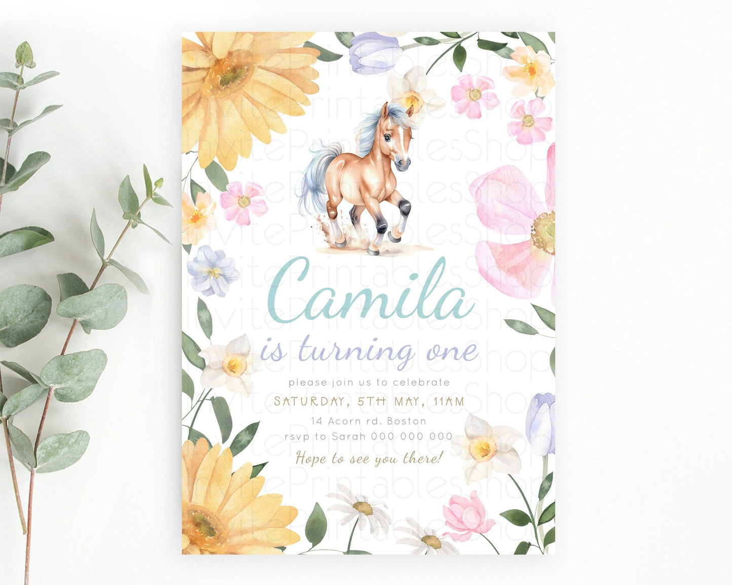 Horse Birthday Invitation, Galloping Wildflower Fields, Pastel Flowers, Butterflies, Flowers Accents for Equestrian & Cowgirls d23380