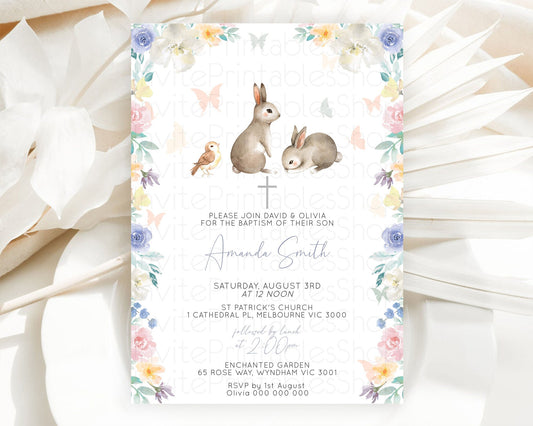 Editable Bunny Baptism Invitation Floral Bunny Baptism 1st Birthday Invitati