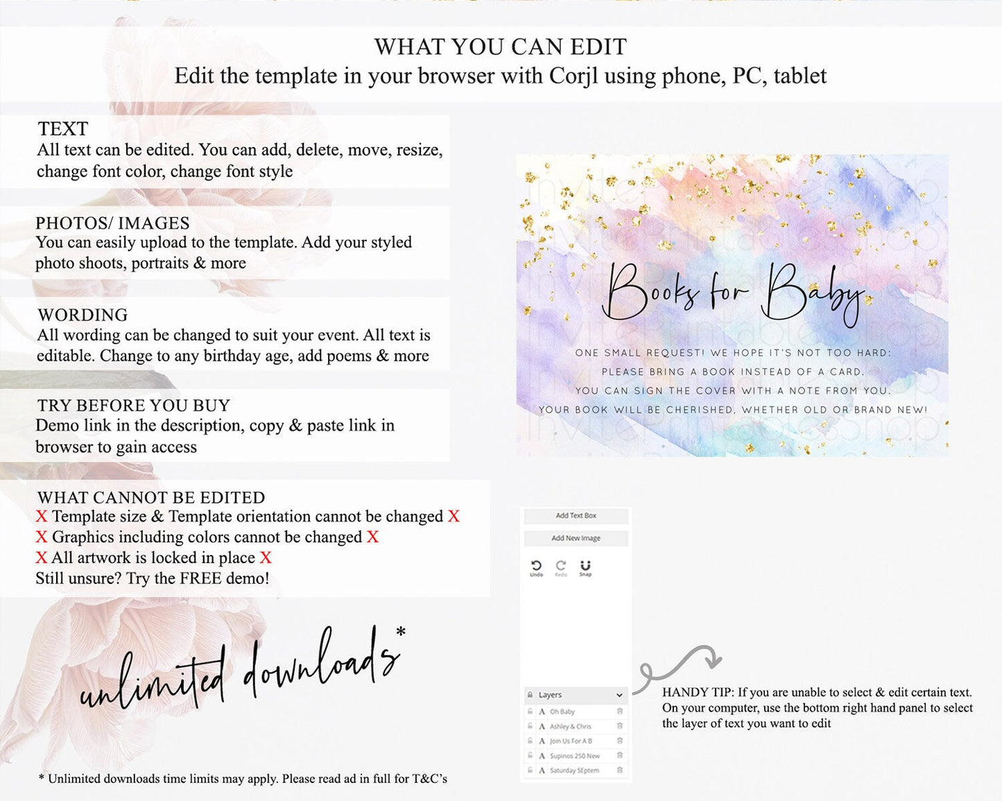 Pastel Books For Baby Card Pastel Rainbow Book Insert Colorful Ombre Watercolor Book Card Confetti Glitter Baby Book Poem Request D10583