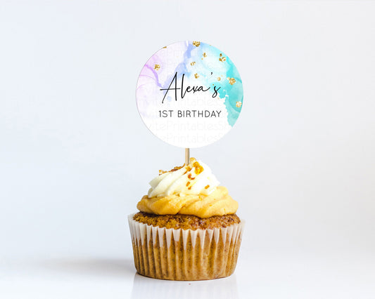 Editable Rainbow Cupcake Toppers Pastel Cupcake Toppers Colorful Pastel Wate