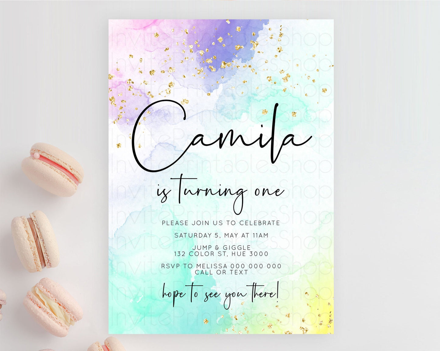 Rainbow Birthday Invitation Colorful Pastel Watercolor Invitation Gold Glitter Sprinkles Ombre Pastel 1st 2nd 3rd Birthday D10158