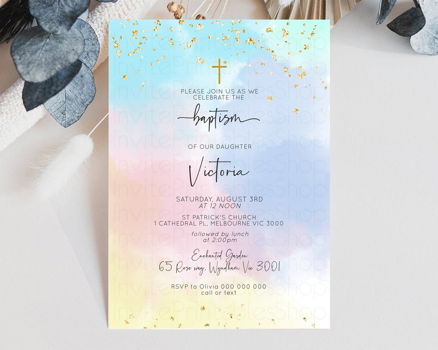 Rainbow Baptism invitation Pastel Rainbow Christening Invite Ombre Watercolor Invite Cloud Gold Sprinkles Splash Cross Religious Invite 446