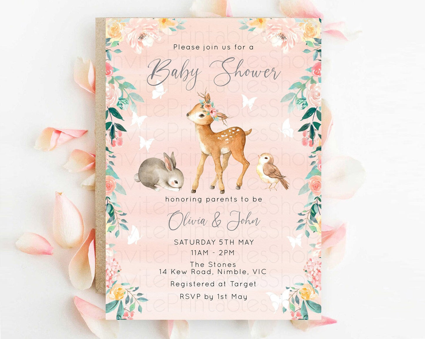 Enchanted Forest Baby Shower Invitation Baby Fawn Invitation Forest Animals, Pastel Deer, Butterflies, Whimsical Pink Orange Flowers D10921