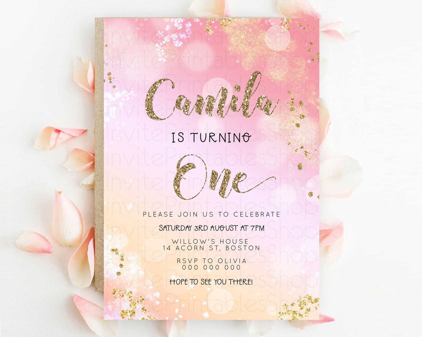 Rainbow Birthday Invitation Colorful Pastel Watercolor Invitation Gold Glitter Sprinkles Ombre Pastel 1st 2nd 3rd Birthday D23113