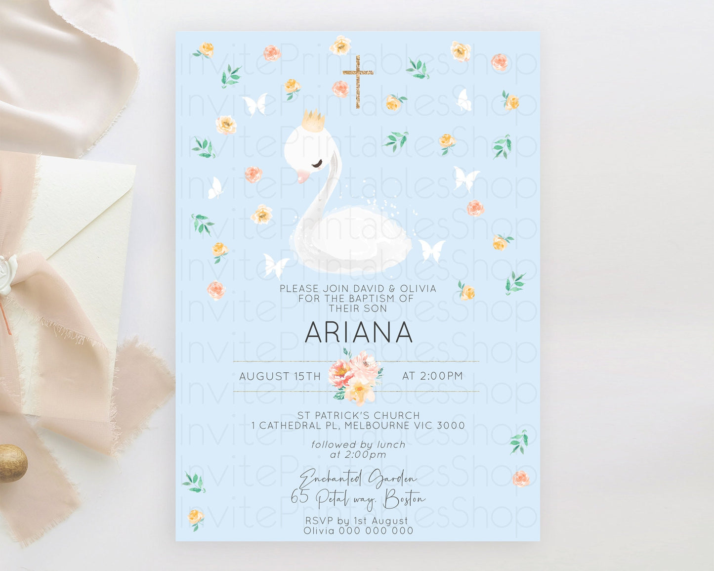 Swan Lake Baptism Invitation Swan Princess Ballet Baptism 1st Birthday Enchanted Forest Secret Garden Watercolour Pastel Floral D10903