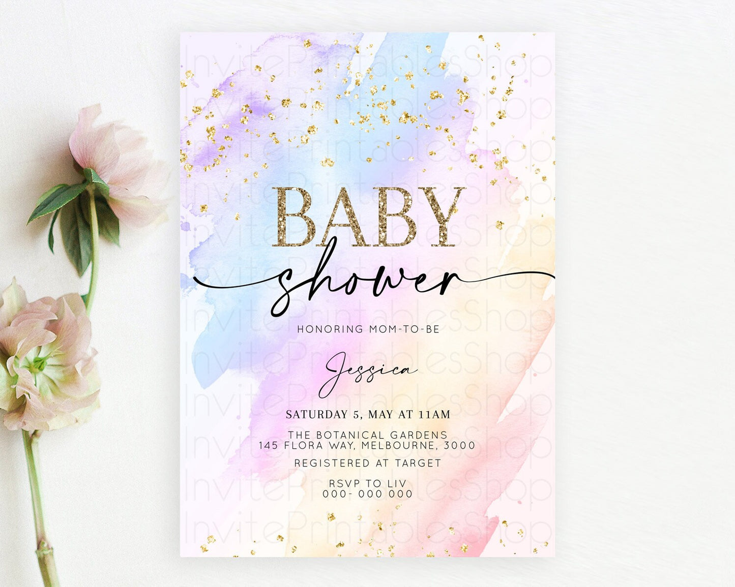 Pastel Baby Shower Invitation Rainbow Baby Shower Invitation Colorful Pastel Watercolor Invitation Gold Glitter Sprinkles Ombre D10635