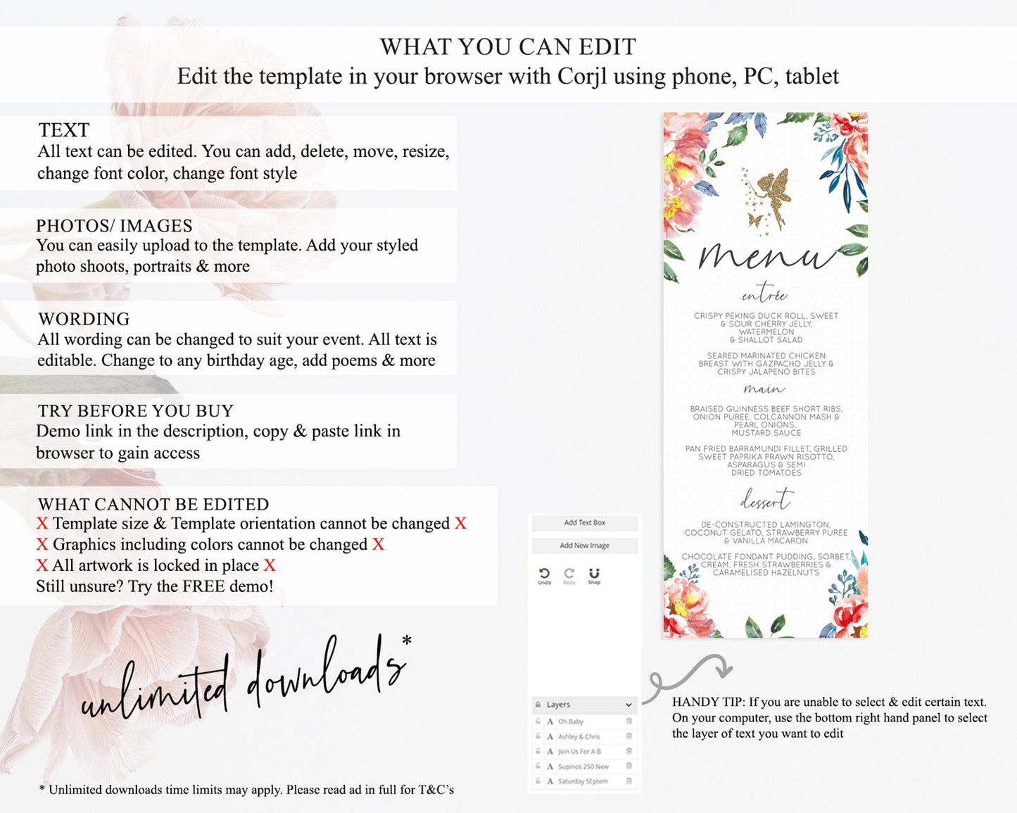 Fairy Menu Fairy Menu Template Enchanted Garden Pastel Floral Butterfly Table Decor Fairy Secret Garden Dinner Dessert Food Menu D10752