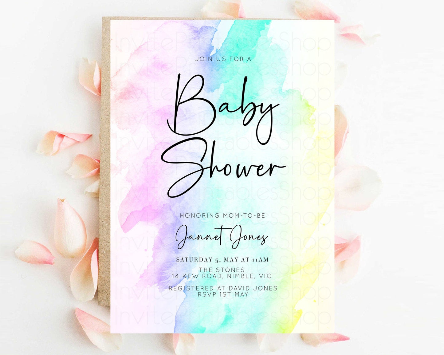 Rainbow Baby Shower Invitation Pastel Baby Sower Invite Colorful Splash Invite Sprinkle Confetti Watercolor Ombre Baby Shower Invite F210