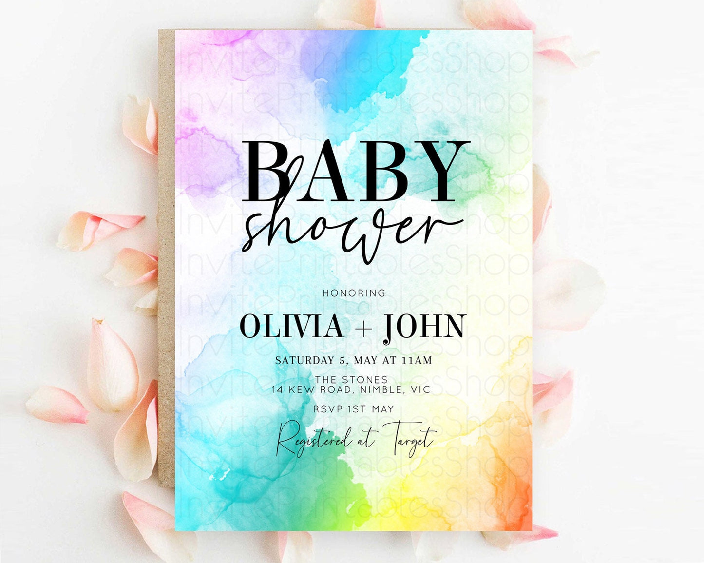 Pastel Baby Shower Invitation Rainbow Baby Shower Invitation Colorful Pastel Watercolor Invitation Gold Glitter Sprinkles Ombre D10961