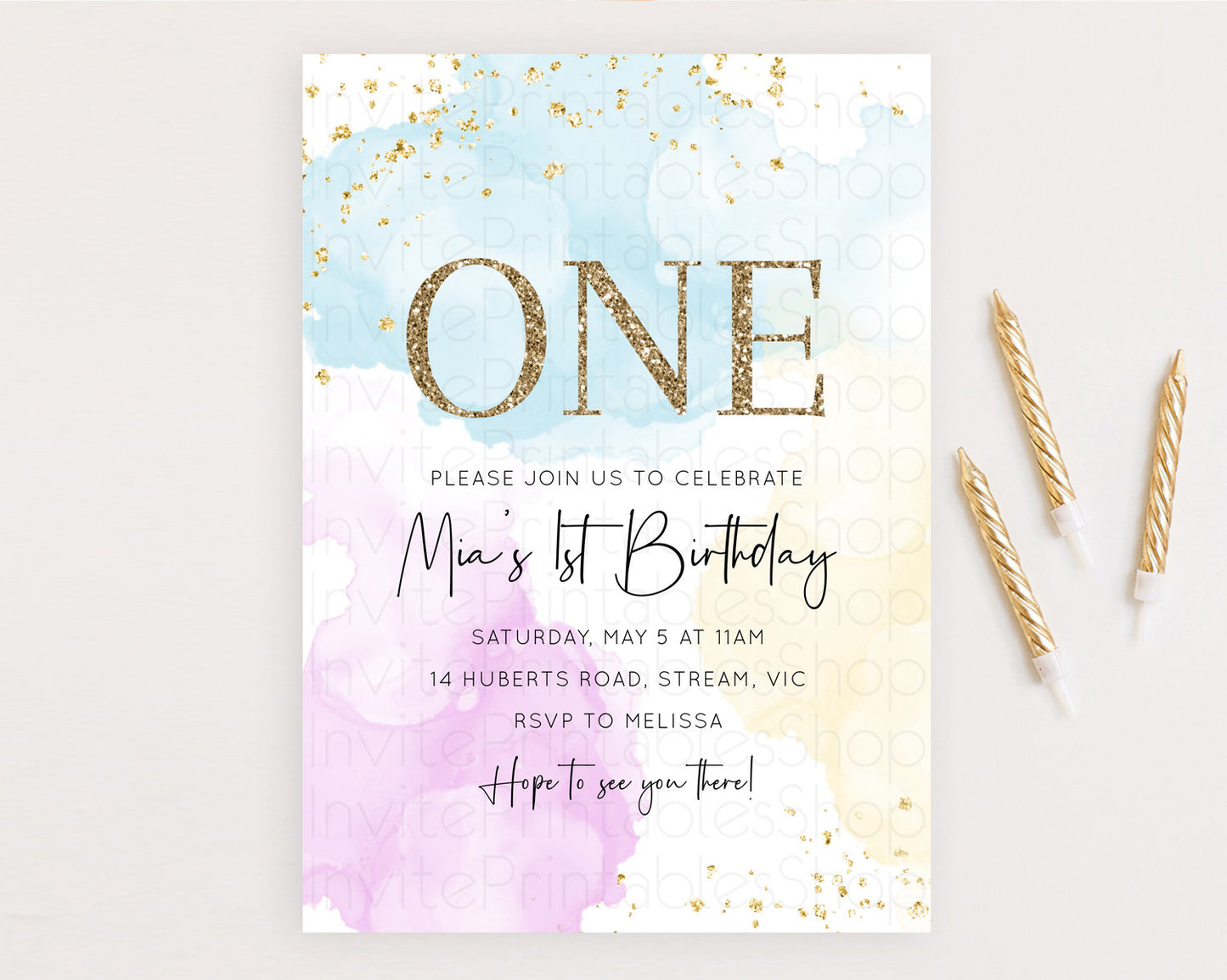 Rainbow Birthday Invitation Colorful Pastel Watercolor Invitation Gold Glitter Sprinkles Ombre Pastel 1st 2nd 3rd Birthday D10155