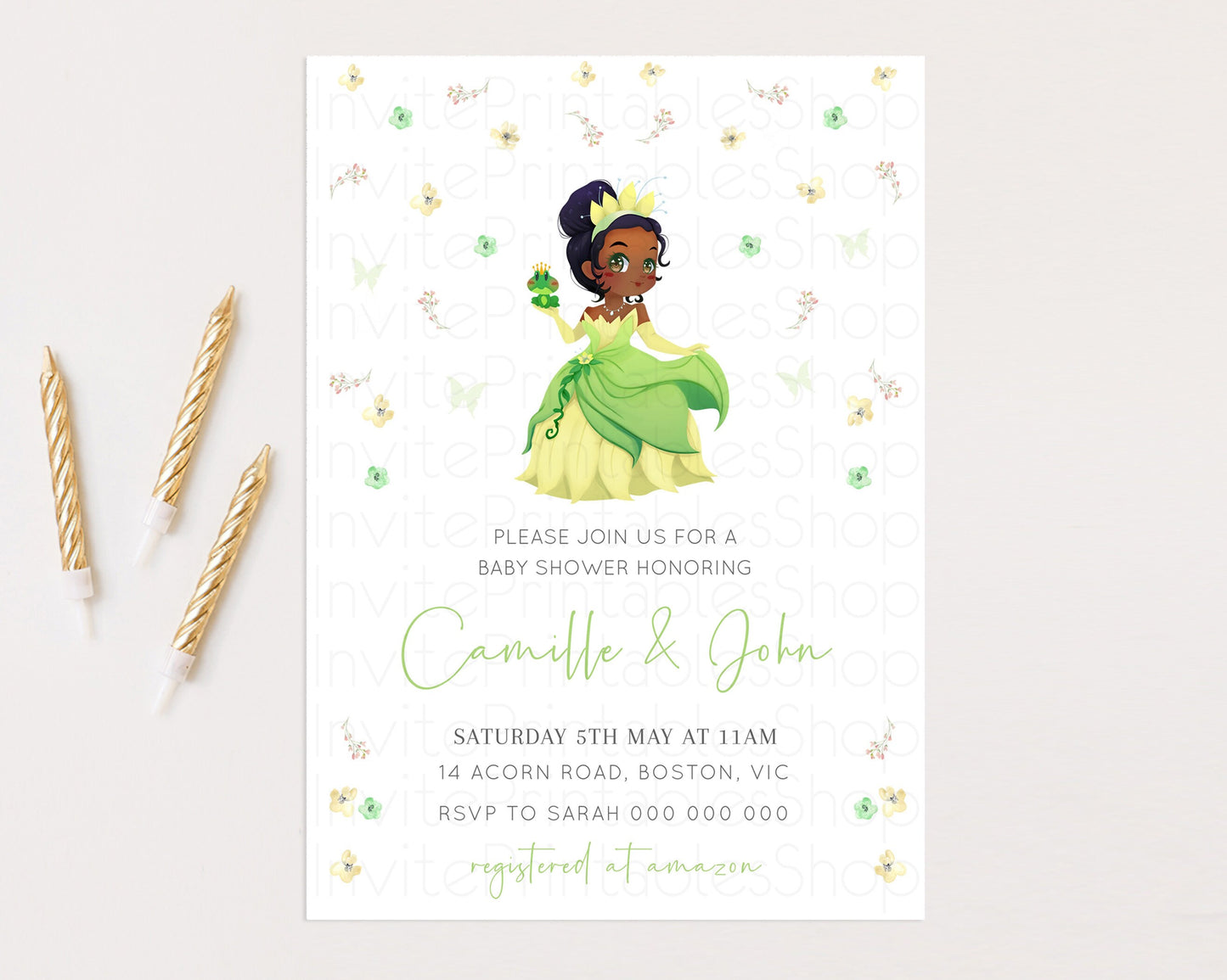 Princess Tiana Baby Shower Castle Invitation Tiana Invite Confetti Florals Secret Garden Enchanted Castle Magical Butterflies Flutters 425