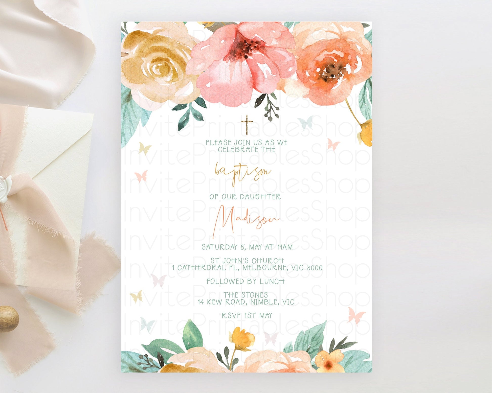 Editable Secret Garden Baptism Invitation Wildflower Baptism Birthday Invite