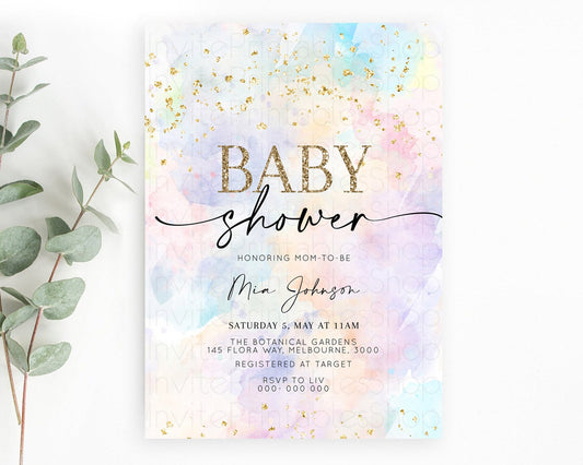 Pastel Baby Shower Invitation Rainbow Baby Shower Invitation Colorful Pastel Watercolor Invitation Gold Glitter Sprinkles Ombre D10605