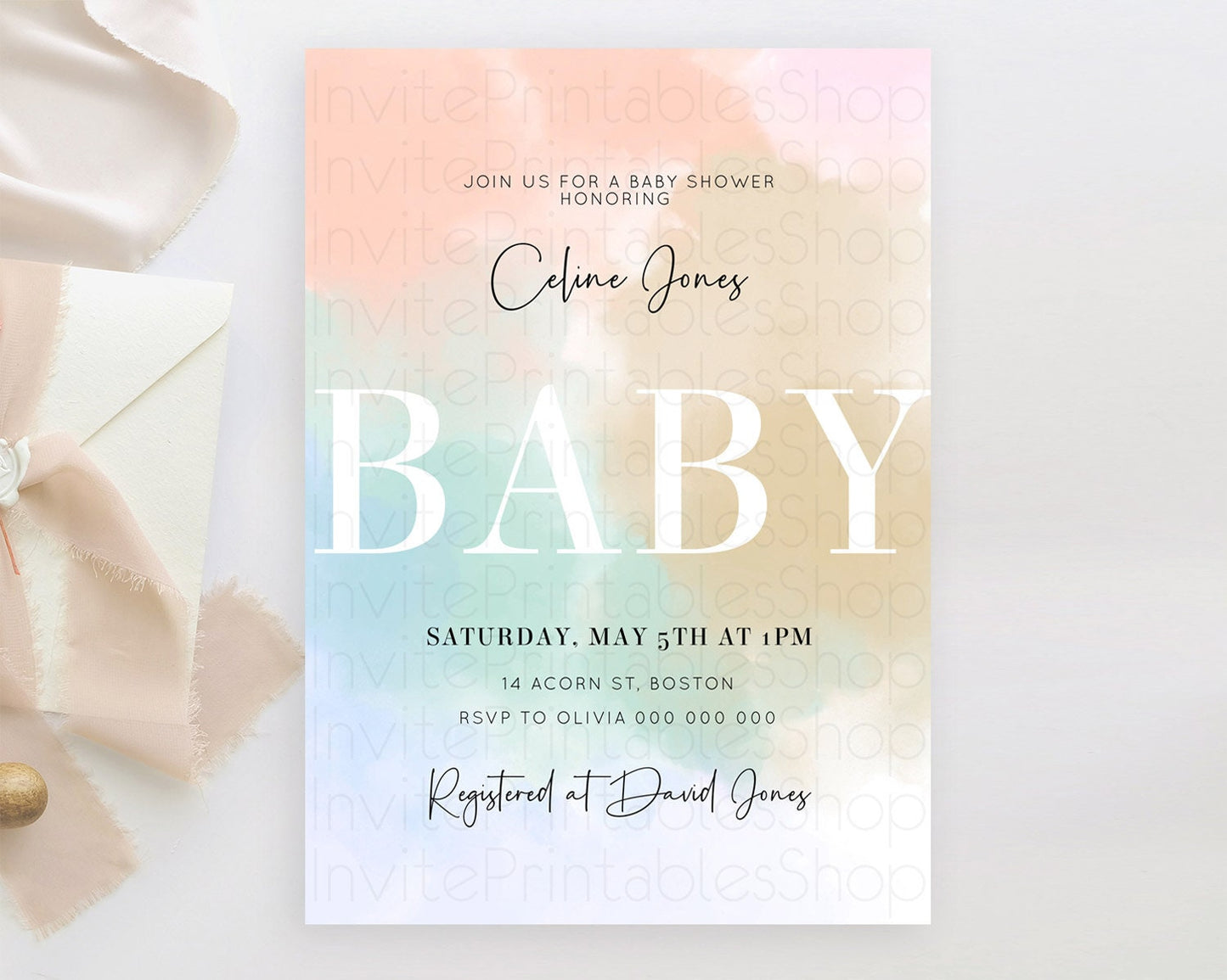 Pastel Baby Shower Invitation Rainbow Baby Shower Invitation Colorful Pastel Watercolor Invitation Gold Glitter Sprinkles Ombre D10370