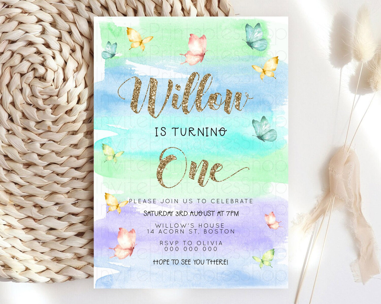 Pastel Butterfly Birthday Invitation Butterfly Birthday Invitation Colorful Splash Glitter Butterfly Garden 1st 2nd Birthday D23227