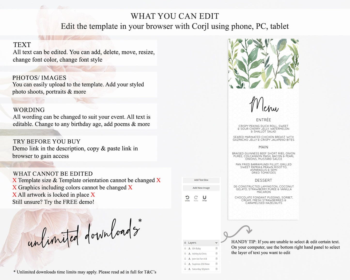 Leafy Menu Green Leaf Menu Template Eucalyptus Fern Leaves Decor Watercolor Boho Garden Leaf Branch Dinner Dessert Party Food Menu D10964