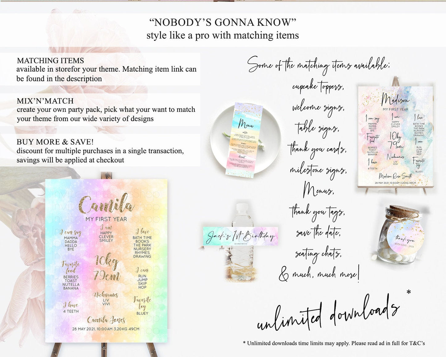 Pastel First Birthday Milestone Board Pastel Rainbow Milestone Poster Colorful Confetti Watercolor Glitter 1st Birthday Welcome Sign D10648