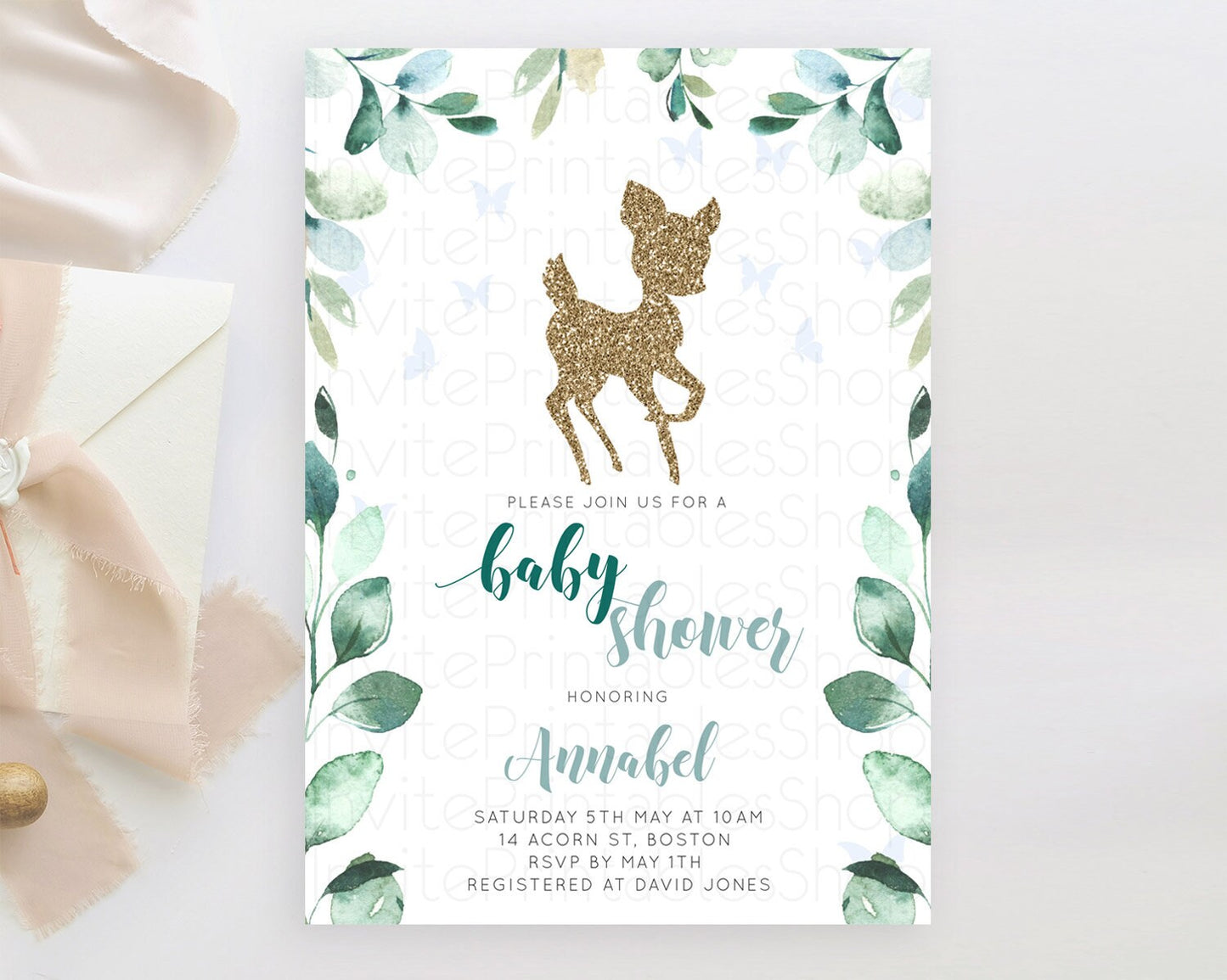 Deer Baby Shower Invitation, Woodland, Whimsical Fawn with Butterflies, Lush Greenery, Magic Glitter, Organic Leafy Vine Green Tones D10882