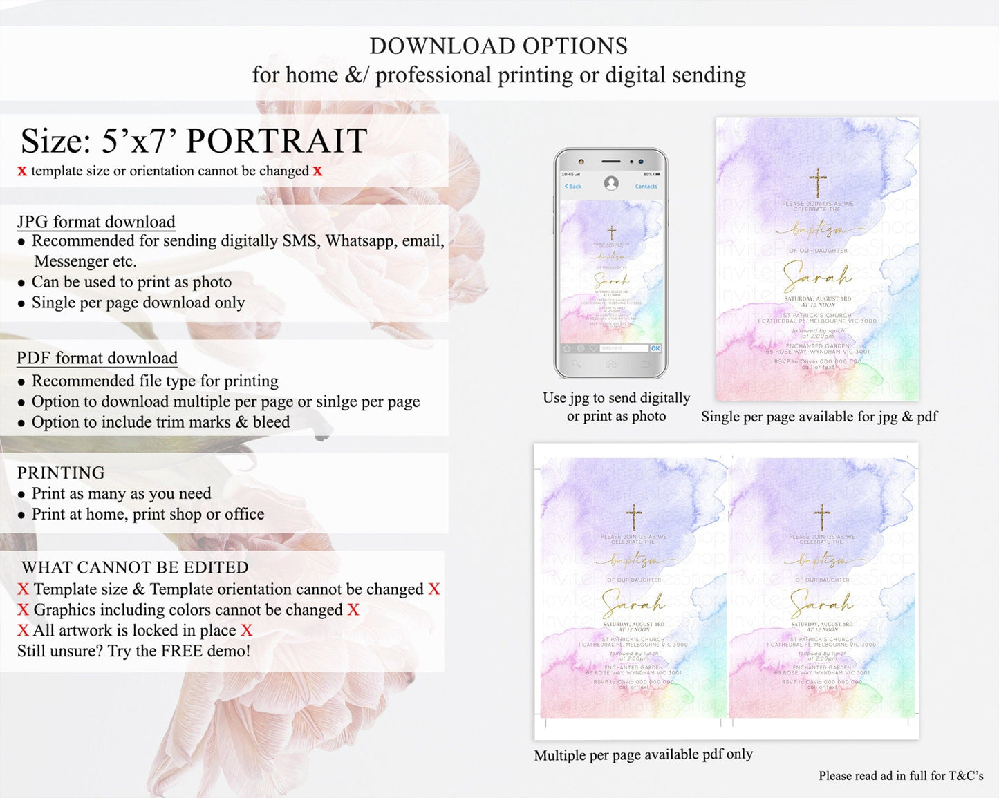 Pastel Baptism Invitation Pastel Colors Watercolor Baptism 1st Birthday Party Gold Ombre Pastel Rainbow Christening Holy Communion D10215