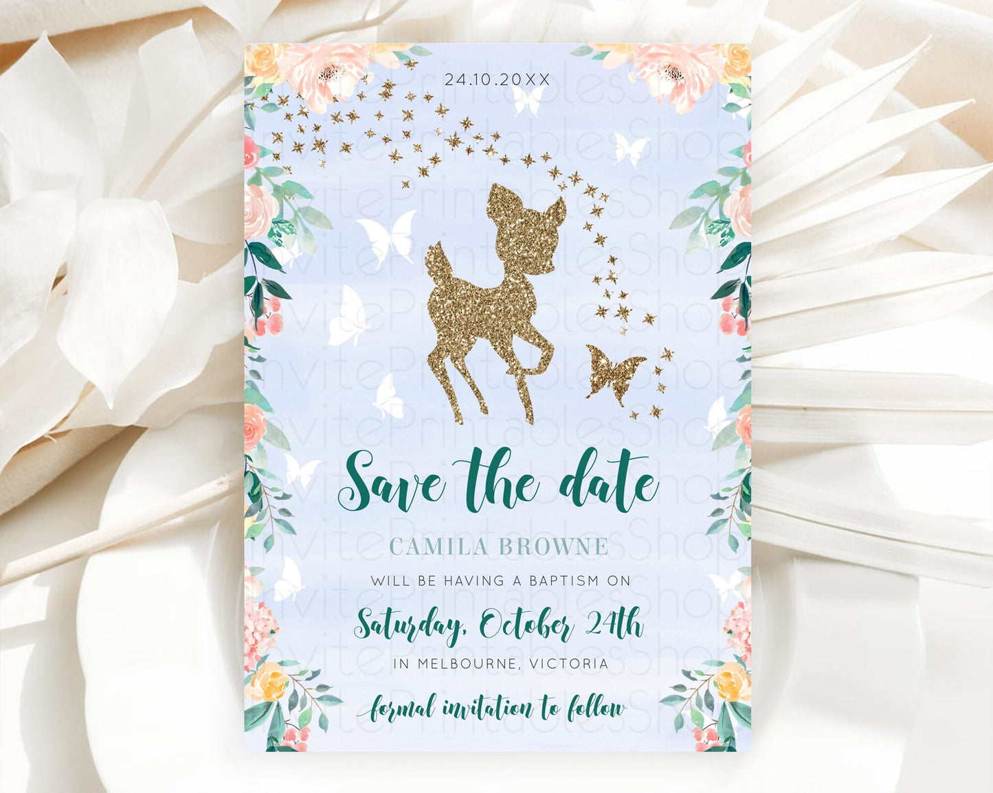 Fawn Deer Save The Date Template Pastel Floral Deer Enchanted Forest Butterfly Party 1st Birthday Baptism Baby Shower Bridal Shower D10875