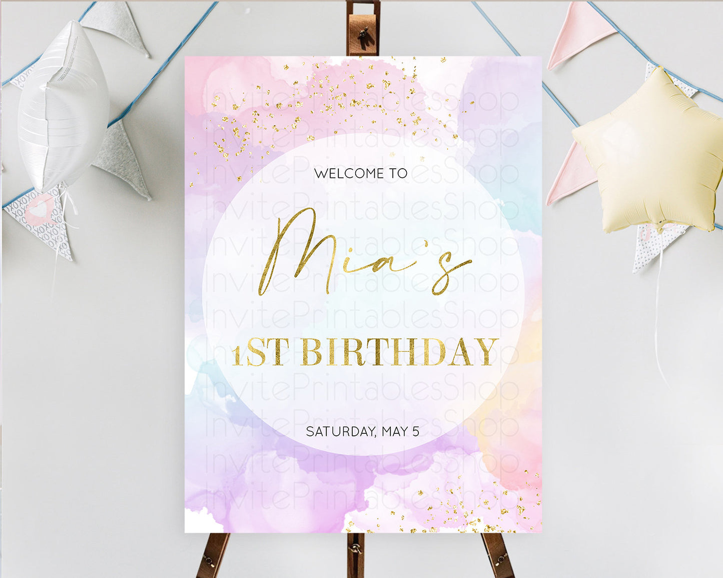 Pastel Welcome Sign Pastel Rainbow Welcome Sign Colorful Rainbow Confetti Watercolor Glitter Pastel First Birthday Welcome Sign D10623