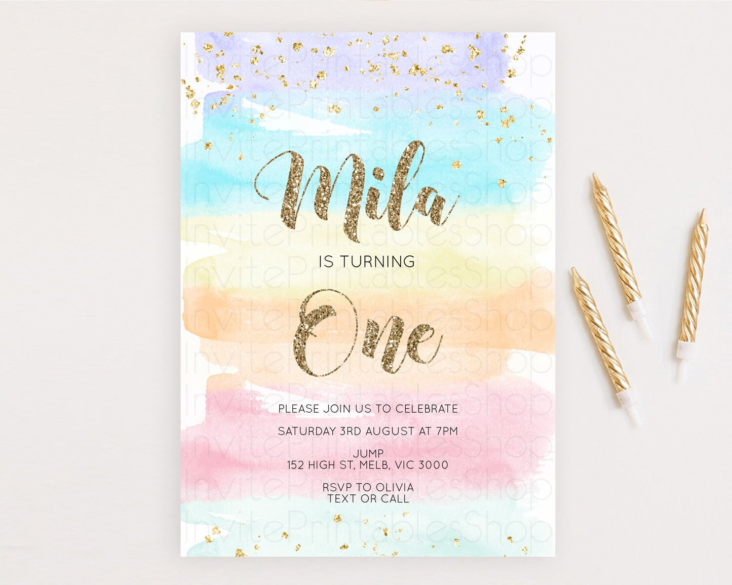 Rainbow Birthday Invitation Colorful Pastel Watercolor Invitation Gold Glitter Sprinkles Ombre Pastel 1st 2nd 3rd Birthday D10508