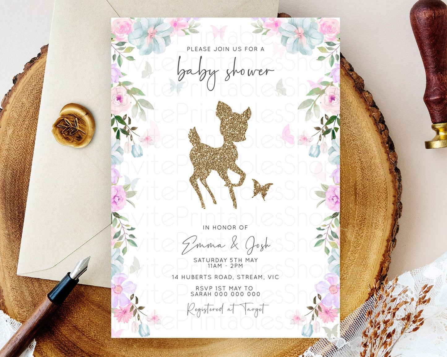 Fawn Baby Shower Invitation Deer Baby Shower Invites Enchanted Forest Theme Butterfly Pastel Flowers Whimsical Baby Shower D10476