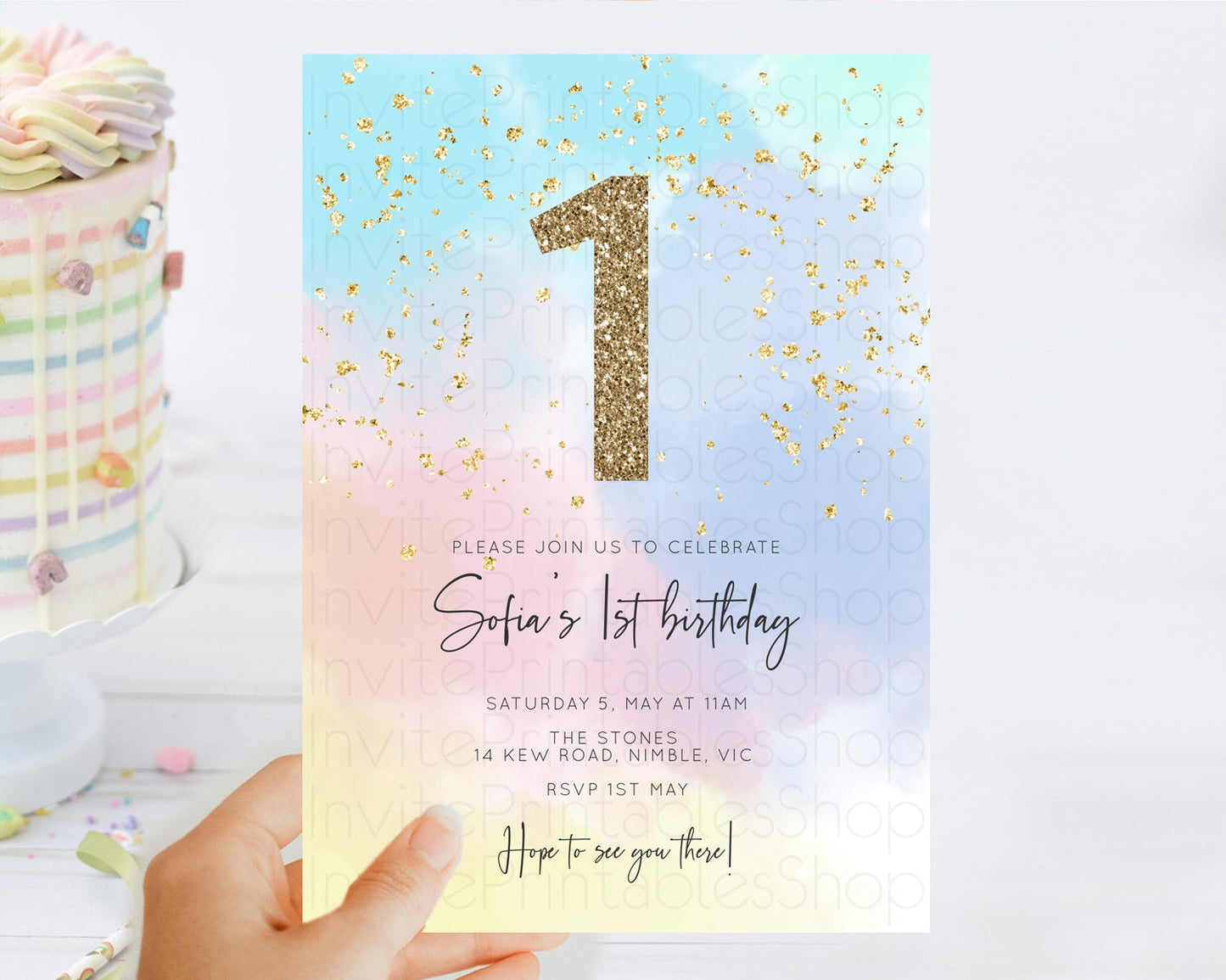 Rainbow Birthday Invitation Colorful Pastel Watercolor Invitation Gold Glitter Sprinkles Ombre Pastel 1st 2nd 3rd Birthday D10368