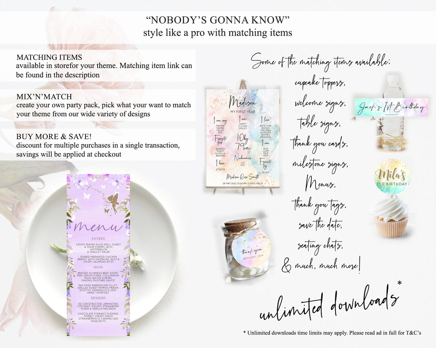 Fairy Menu Fairy Menu Template Enchanted Garden Pastel Floral Butterfly Table Décor Fairy Secret Garden Dinner Dessert Food Menu D10910