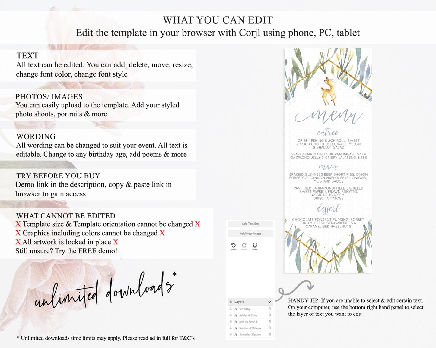 Fawn Menu Deer Menu Template Pastel Floral Deer Table Decor Enchanted Forest Butterfly Floral Dinner Dessert Menu Party Food Menu D10400