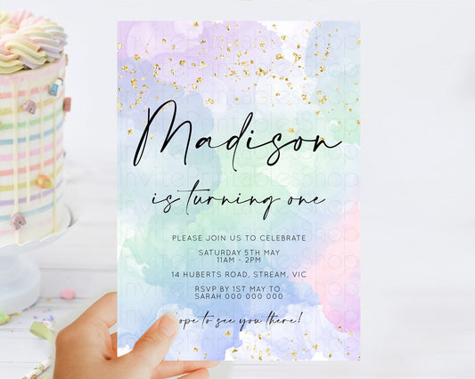 Rainbow Birthday Invitation Colorful Pastel Watercolor Invitation Gold Glitter Sprinkles Ombre Pastel 1st 2nd 3rd Birthday D10624