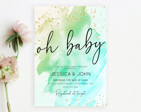 Green Watercolor Baby Shower Invitation: Pastel Green Ombre with Gold Sprinkle Accents, Watercolor Splash - 'Oh Baby' Theme D10170