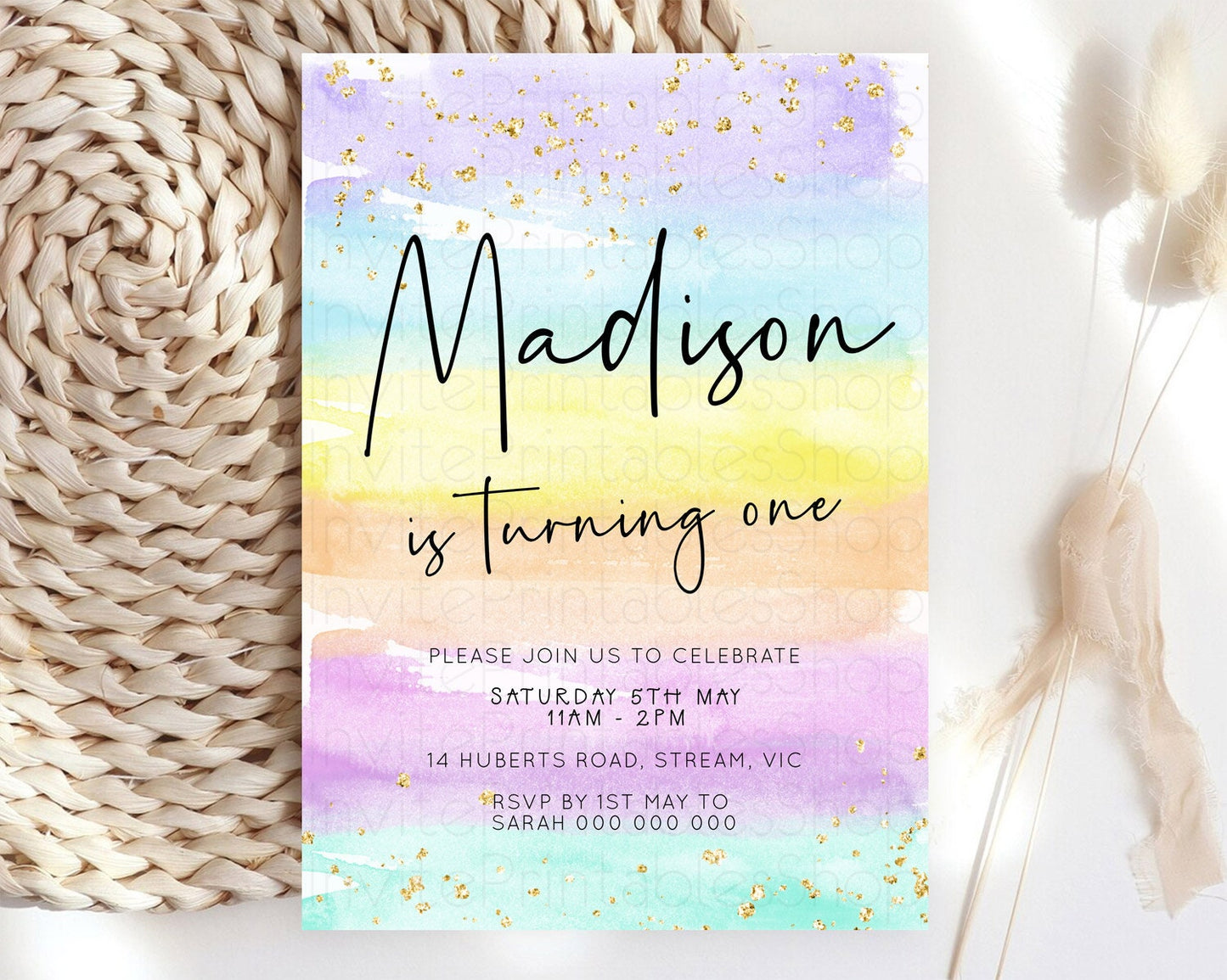 Pastel Birthday Invitation Ombre Watercolor Birthday Invitation Glitter Rainbow Color Splash 1st 2nd 3rd Birthday Invitation D23037