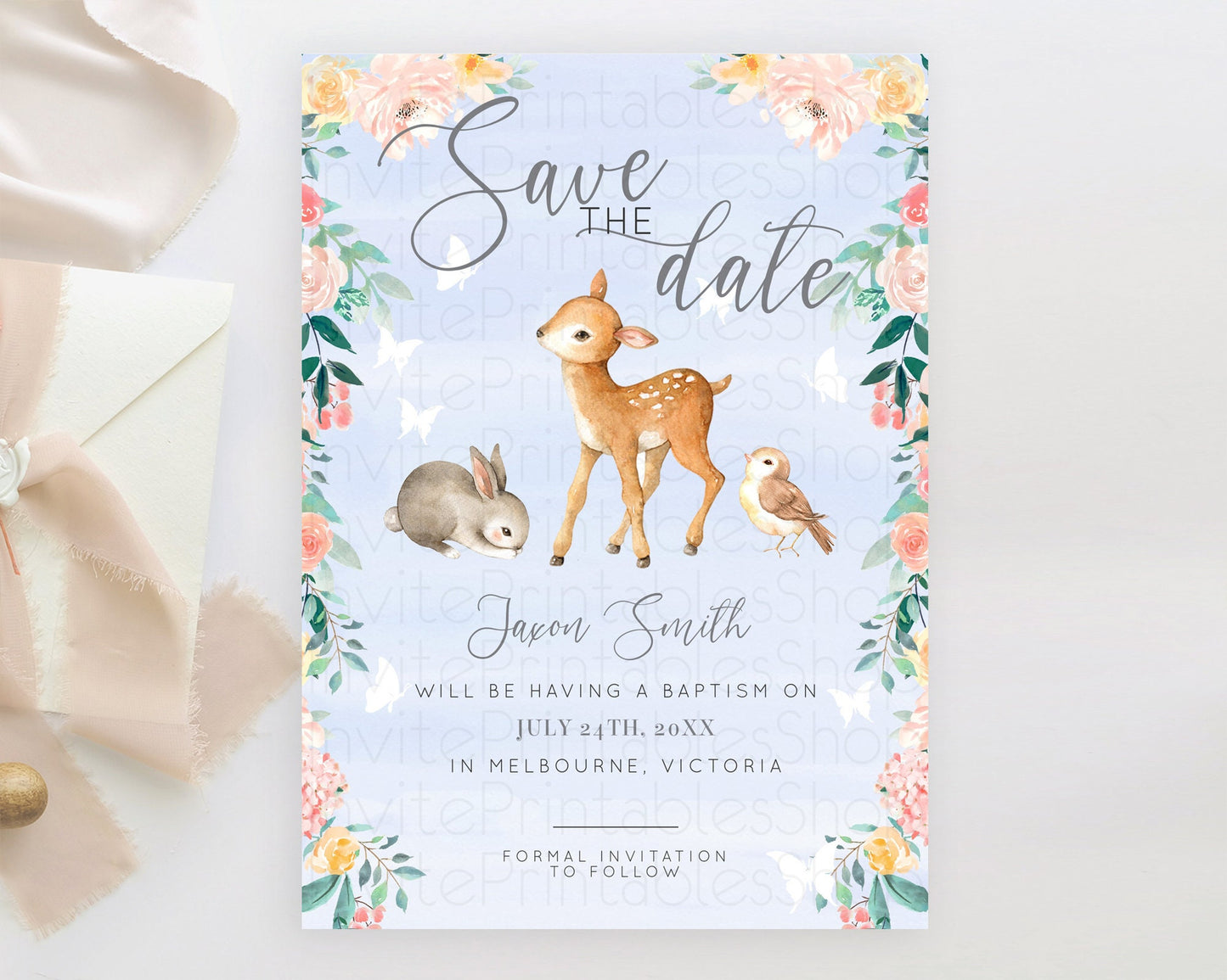 Fawn Deer Save The Date Template Pastel Floral Deer Enchanted Forest Butterfly Party 1st Birthday Baptism Baby Shower Bridal Shower D10920