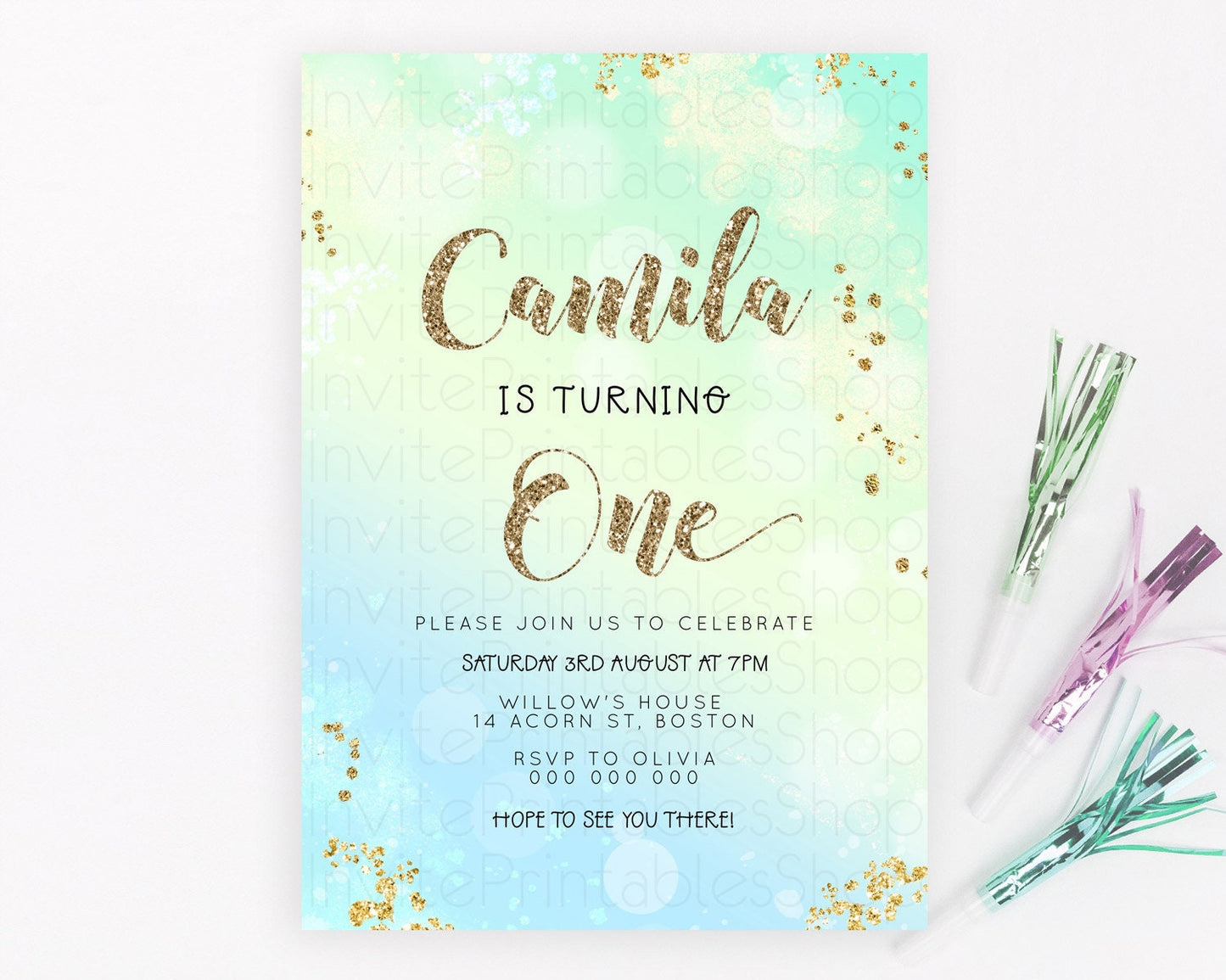 Green Birthday Invitation green Watercolor Invitation Pastel green Watercolor Invitation green Splash Gold Invitation First Birthday D23114