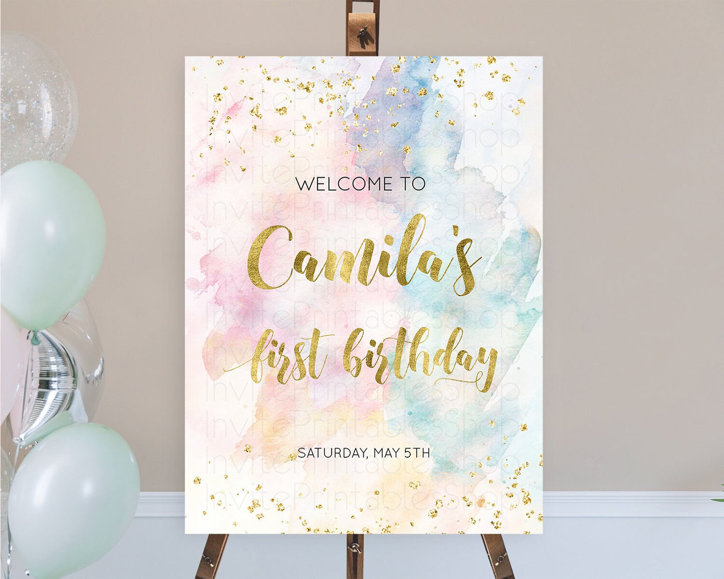 Pastel Welcome Sign Pastel Rainbow Welcome Sign Colorful Rainbow Confetti Watercolor Glitter Pastel First Birthday Welcome Sign D10265