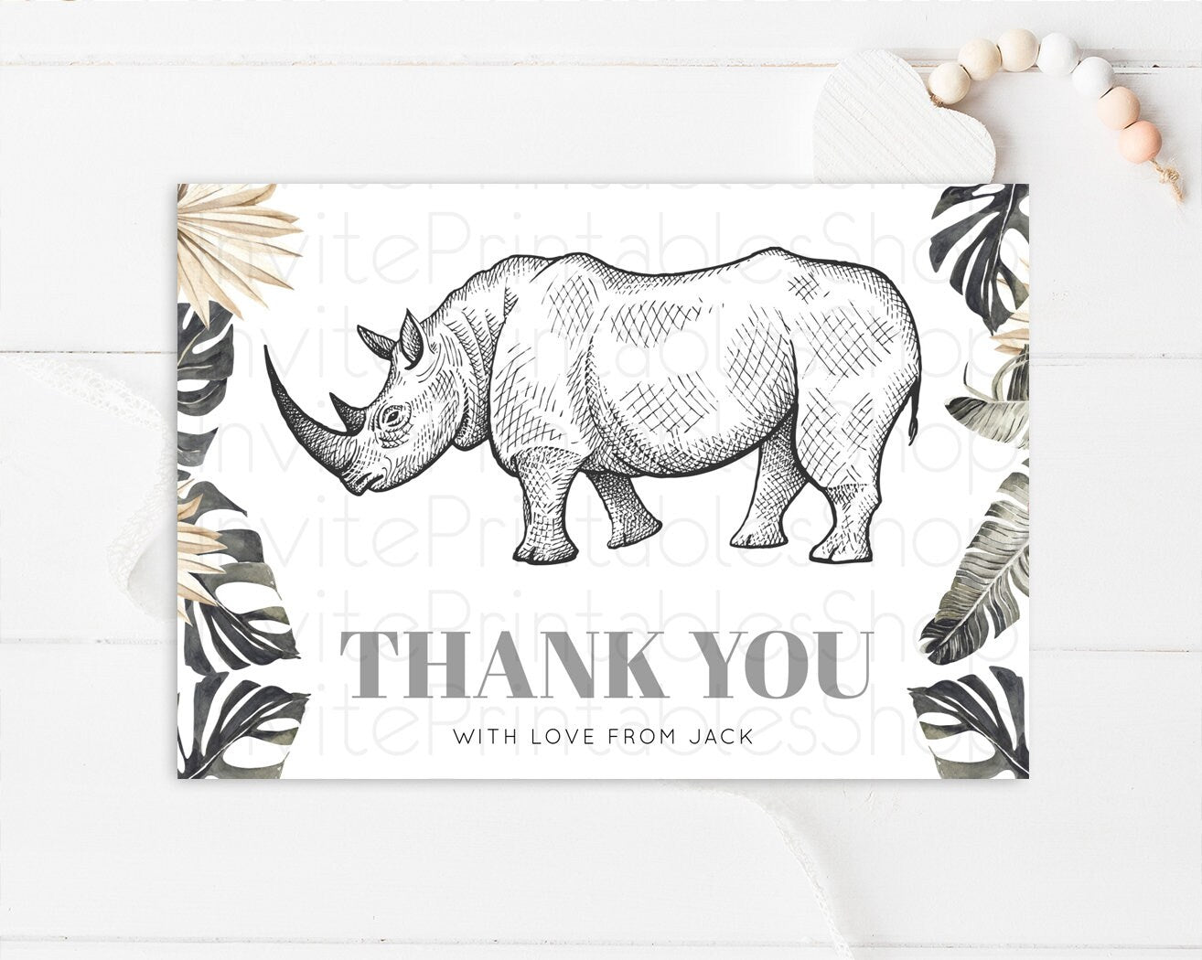 Rhinoceros Thank You Card Dried Palm Fern Wild One Safari Jungle Zoo Foldable Card Tent Flat Postcard Detail Insert Card Birthday p269