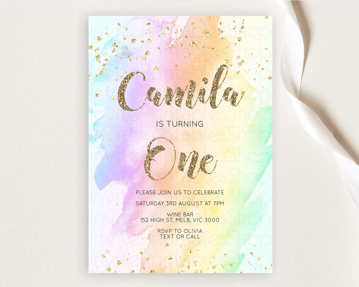 Rainbow Birthday Invitation Colorful Pastel Watercolor Invitation Gold Glitter Sprinkles Ombre Pastel 1st 2nd 3rd Birthday D10643