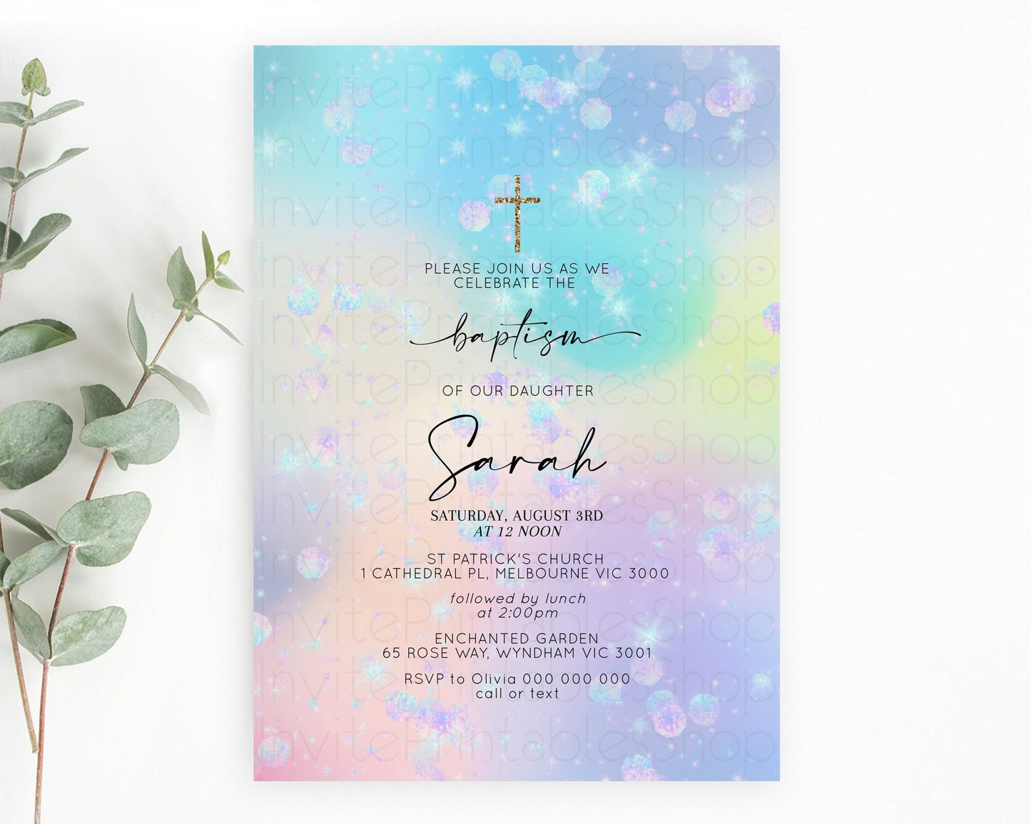 Rainbow Baptism Invitation Colorful Pastel Watercolor Baptism 1st Birthday Invitation Iridescent Glitter Sprinkles Ombre Christening D10665