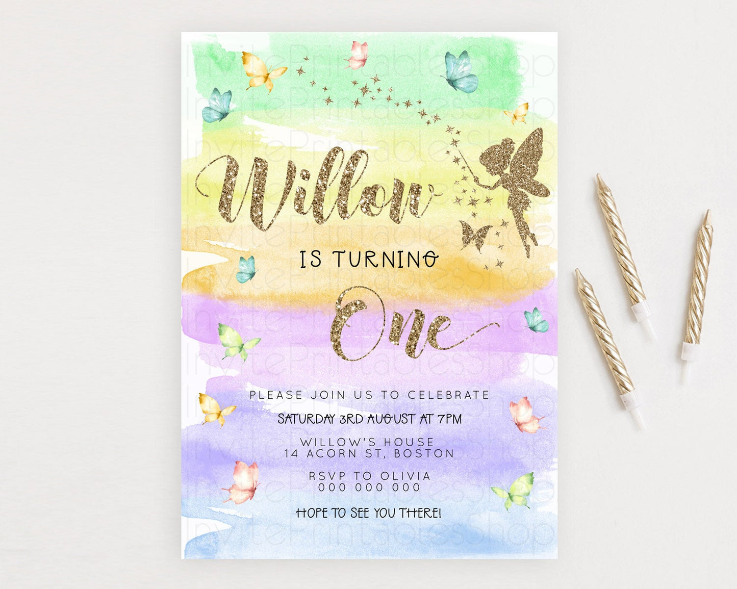 Pastel Fairy Birthday Invitation Pastel Butterflies Fairy Birthday Invitation Rainbow Ombre Watercolor 1st 2nd Birthday Invitation D23322