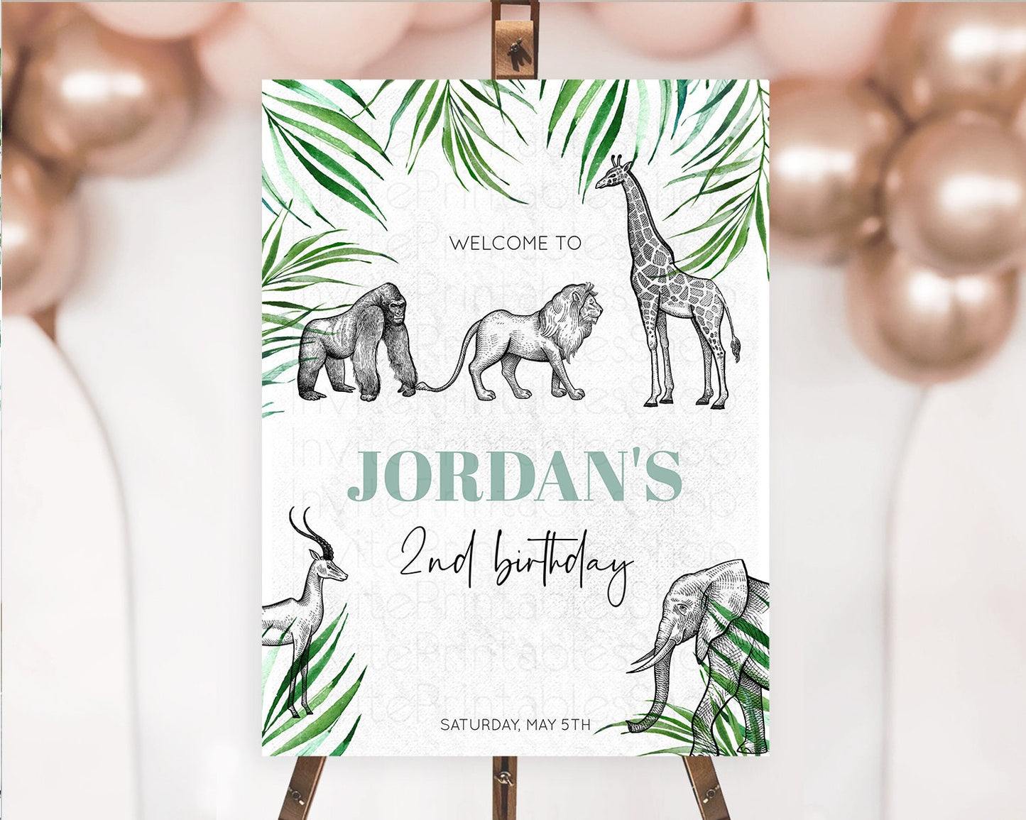 Safari Welcome Sign Safari Welcome Board Lion Gorilla Elephant Rhino Tropical Palm Zoo Party Decor First Birthday Welcome Sign D10853