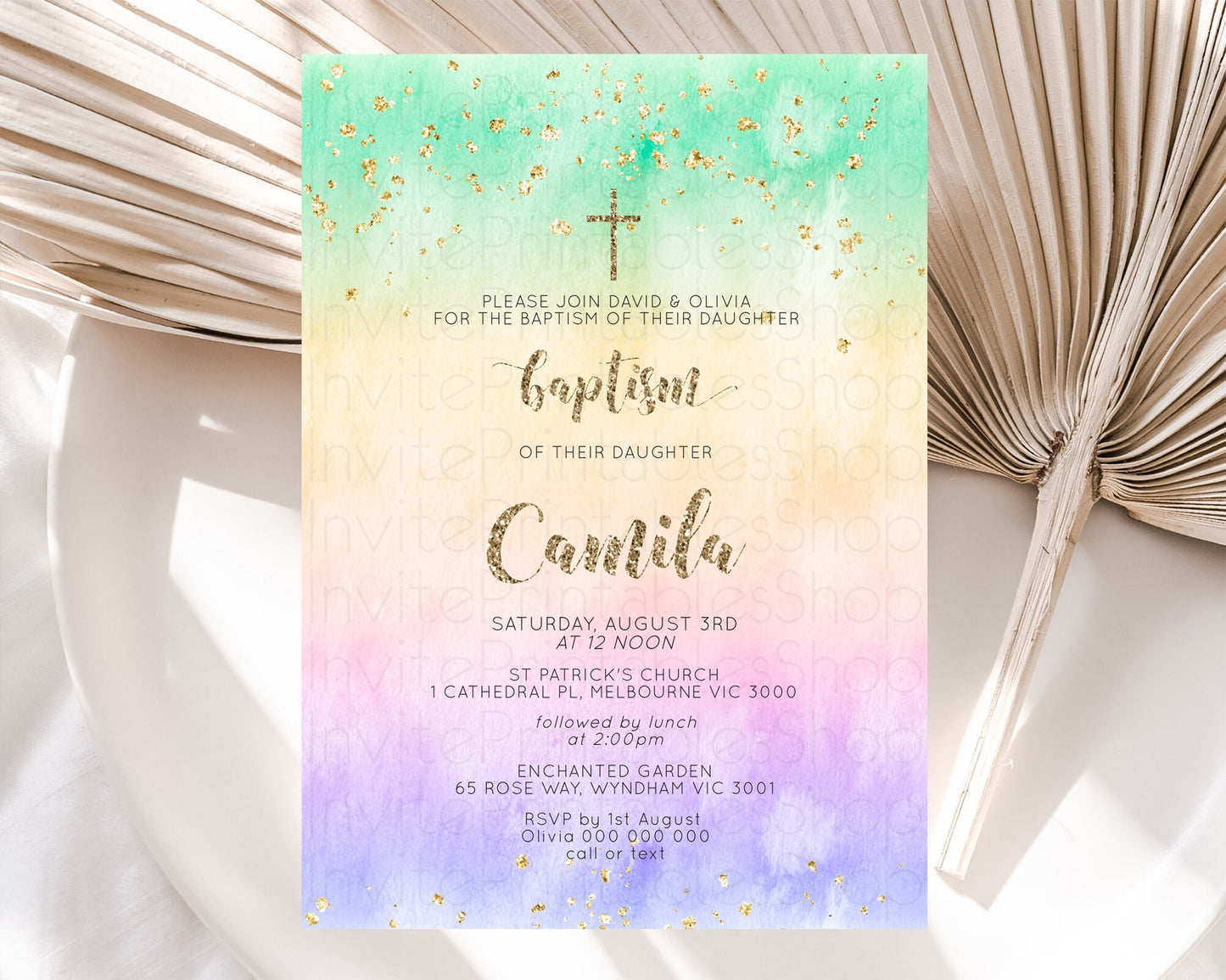 Pastel Baptism Invitation Pastel Colors Watercolor Baptism 1st Birthday Party Gold Ombre Pastel Rainbow Christening Holy Communion D10478