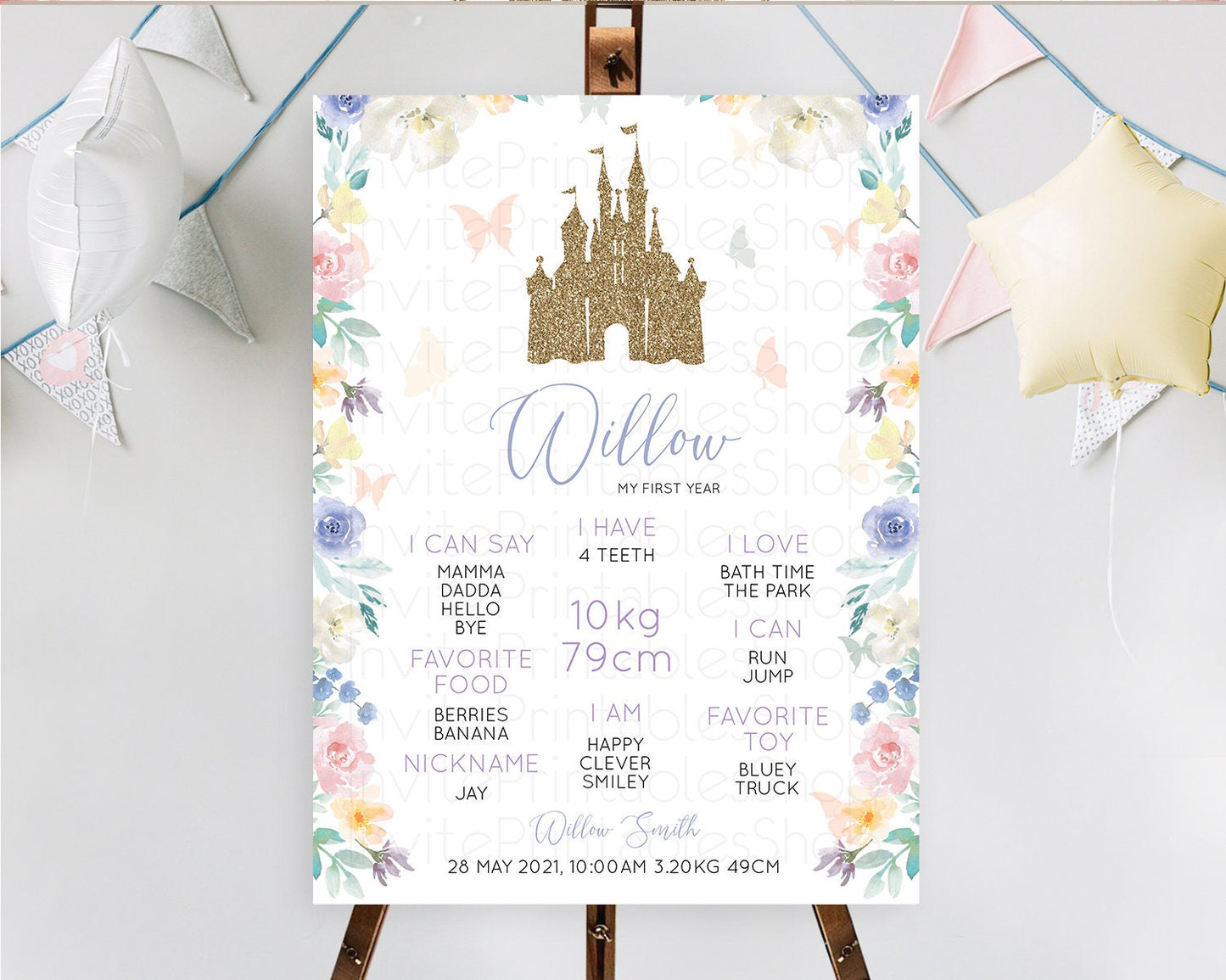 Princess First Birthday Milestone Poster Castle Milestone Board Secret Garden Enchanted Castle Pastel Floral Garden First Birthday D10931