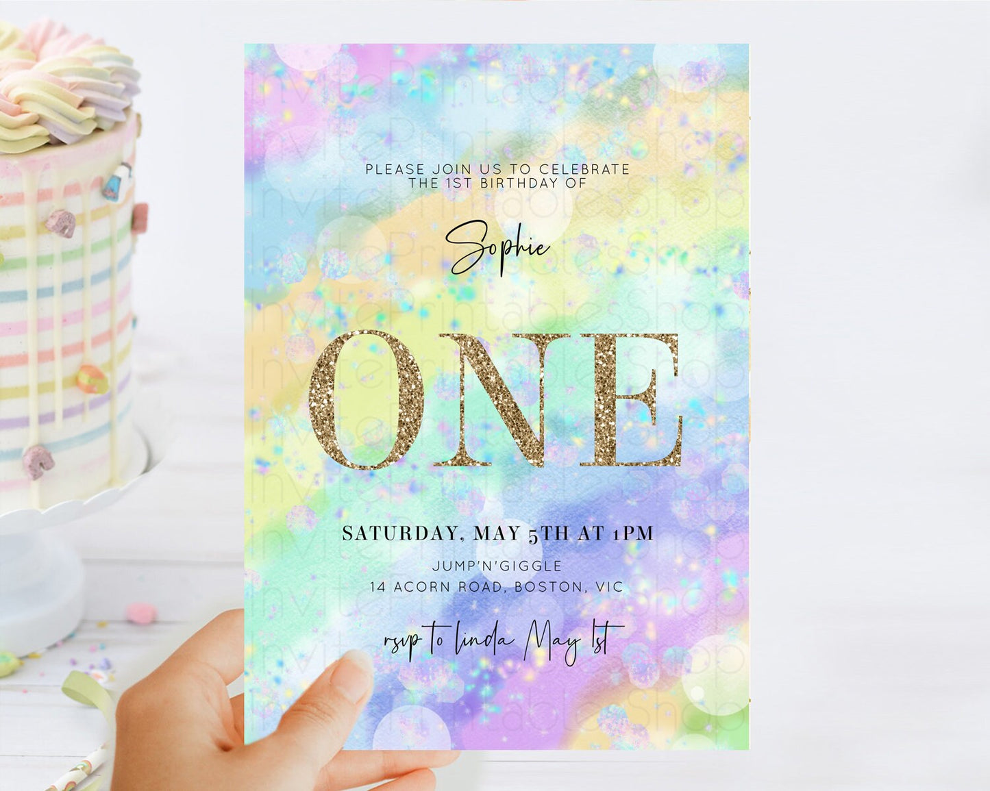 Rainbow Birthday Invitation Colorful Pastel Watercolor Invitation Gold Glitter Sprinkles Ombre Pastel 1st 2nd 3rd Birthday D10689