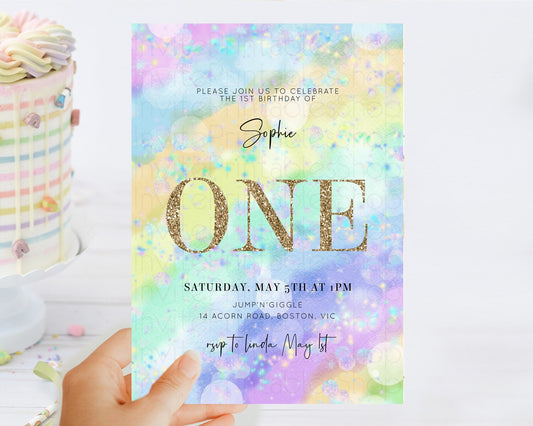 Rainbow Birthday Invitation Colorful Pastel Watercolor Invitation Gold Glitter Sprinkles Ombre Pastel 1st 2nd 3rd Birthday D10689